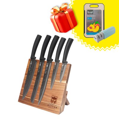 Набір ножів на підставці Ritter + подарунки: точилка для ножів та дошка кухонна 28830 фото