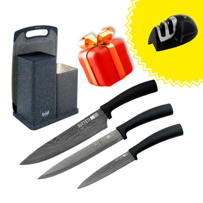 Набір з підставки для аксесуарів з кухонною дошкою та трьох ножів Ritter + Подарунки: точилка для ножів. 28553 фото