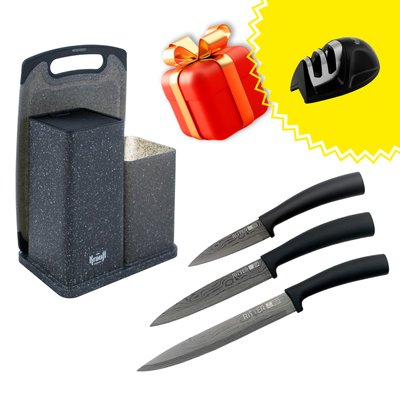 Набір з підставки для аксесуарів з кухонною дошкою та трьох ножів Ritter + Подарки: точилка для ножів. 28553 фото