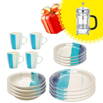 Набор керамической посуды Blue Turquoise Keramia 16 предметов + ПОДАРОК: Заварочный чайник с пресс-фильтром Krauff 1000 мл 28399 фото