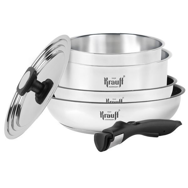 Набір з каструль та сотейників Krauff Genius Chef зі знімною ручкою + ПОДАРУНКИ: кулінарна ложка, щипці та лопатка 55-333-455-4 фото