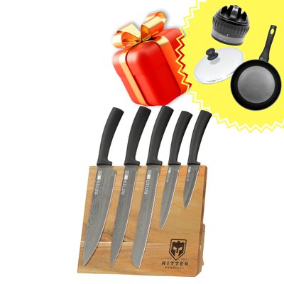 Набір ножів 5 предметів на підставці Ritter + подарунки: сковорідка Berlin, кришка та точилка для ножів. 28259 фото