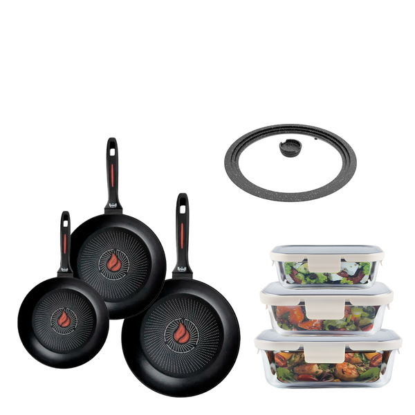 Набор сковородок Smart Fry (24, 26, 28 см), стеклянных контейнеров и универсальной крышки + ПОДАРКИ: Набор кухонных досок и терка 55-333-661 фото
