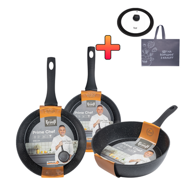 Набір глибоких сковорідок 24см, 26см та 28см Prime Chef Krauff +ПОДАРУНКИ: кришка скляна універсальна Krauff та сумка шопер 55-333-530-4 фото
