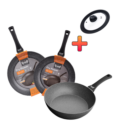 Набір сковорідок Fry Power 26 см, 28 см та глибока сковорідка 28 см + ПОДАРУНОК: універсальна скляна кришка 55-333-670-4 фото