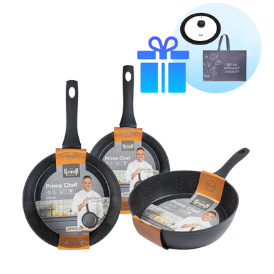 Набор глубоких сковородок 24см, 26см и 28см Prime Chef Krauff +ПОДАРКИ: крышка стеклянная универсальная Krauff и сумка шопер 55-333-530-3 фото
